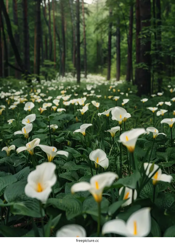White calla lilies in the forest