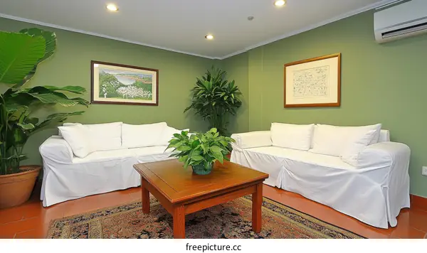 Cozy Living Room with Green Walls and White Furniture