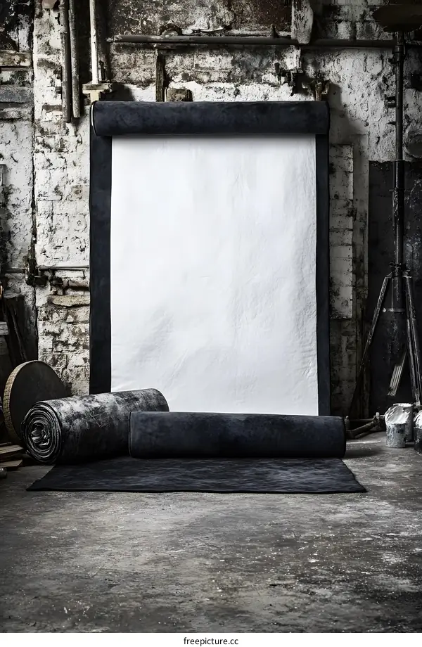 Blank White Backdrop In A Rustic Studio Setting With Black Fabric Rolls
