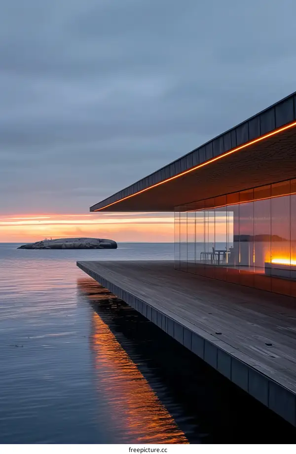 Modern lake house with large glass windows and terrace