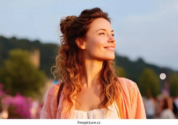 Smiling Woman Outdoors at Sunset