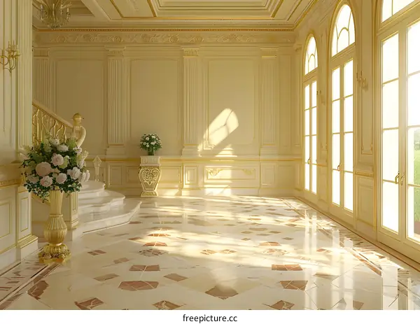 Luxury classic interior of mansion with marble floor and golden elements