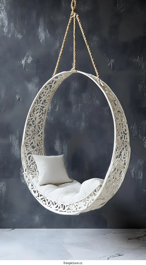 White Hanging Chair with Cushion Against Grey Wall