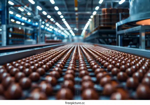 Rows of chocolate balls on a production line