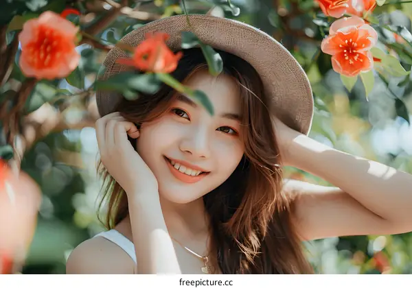 Asian Woman Wearing a Straw Hat in a Garden