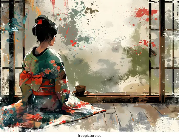 A woman in a kimono is sitting on the floor looking out the window.