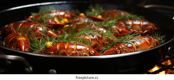 A delectable plate of crayfish adorned with lemon slices and fresh dill