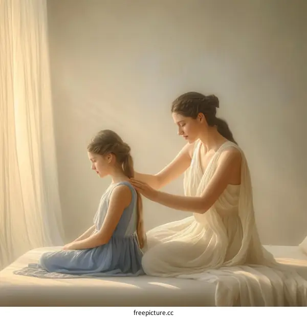 An illustration of a woman holding a girl's hand