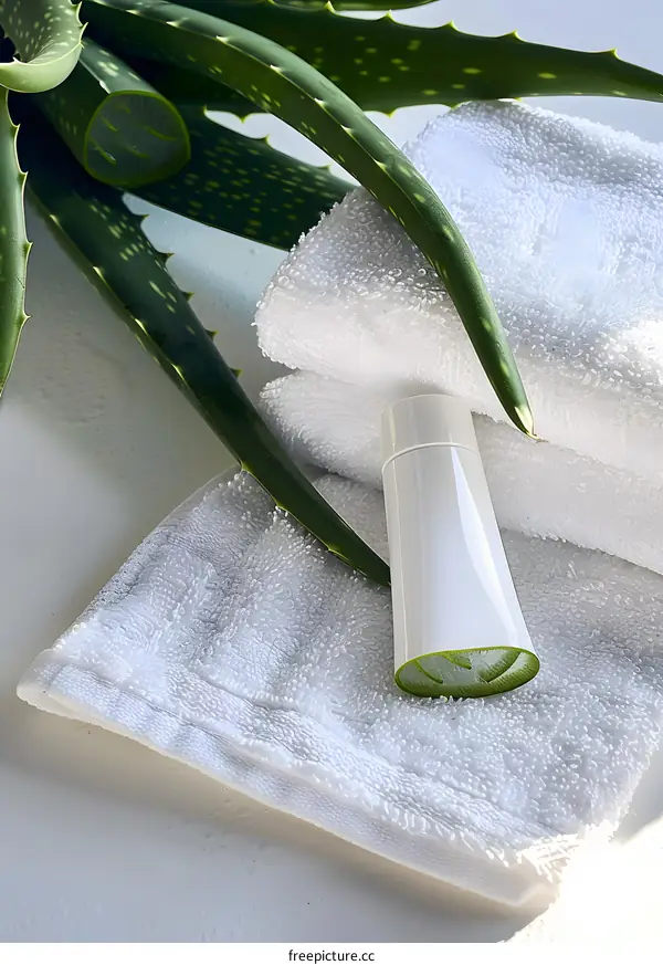 Aloe Vera Plant and White Lotion Bottle on Towels