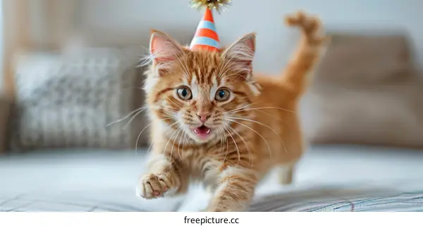 A ginger kitten wearing a party hat is running towards the camera