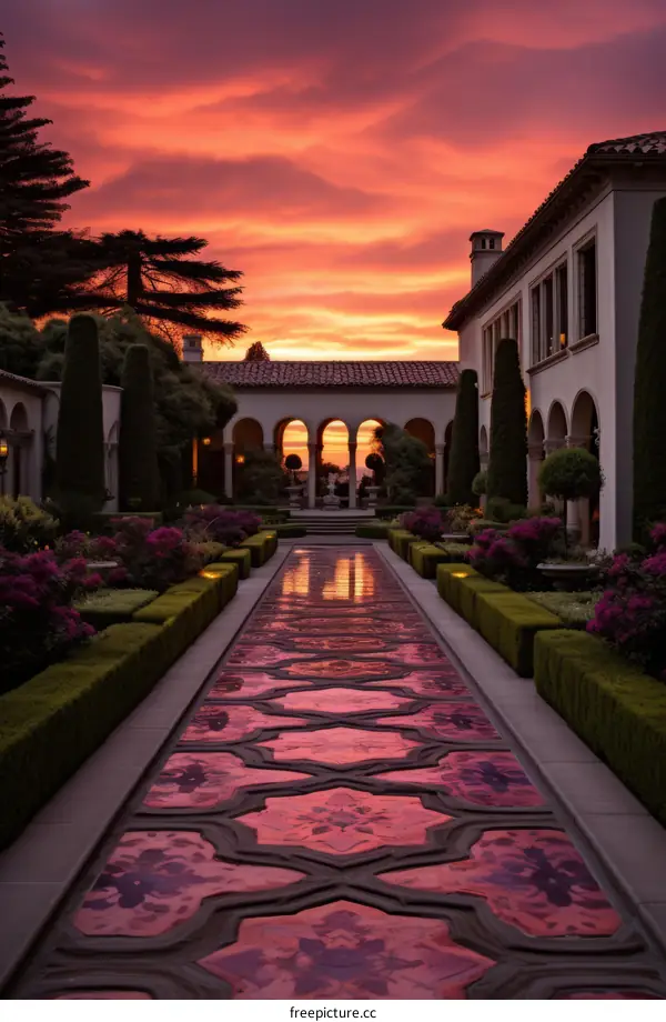 Stunning sunset over a luxurious mansion with a beautiful garden