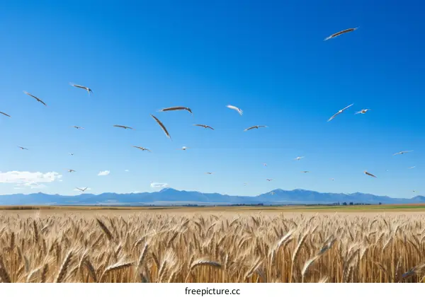 A flock of birds flying over a wheat field