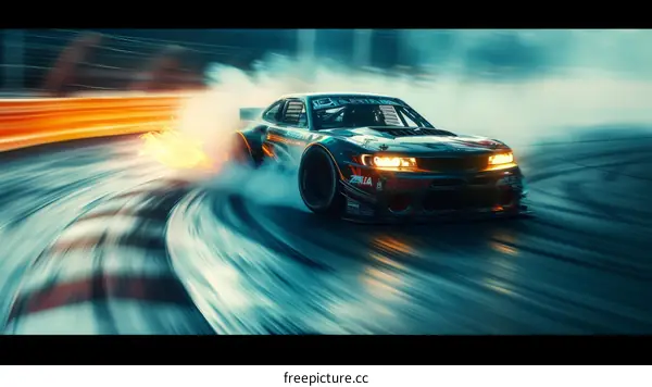 A sports car is drifting on a track with a lot of smoke and flames coming from the tires.