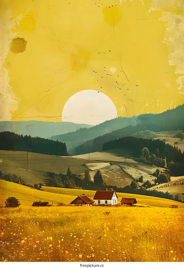 Vintage Sunset Landscape with a Farmhouse in the Countryside