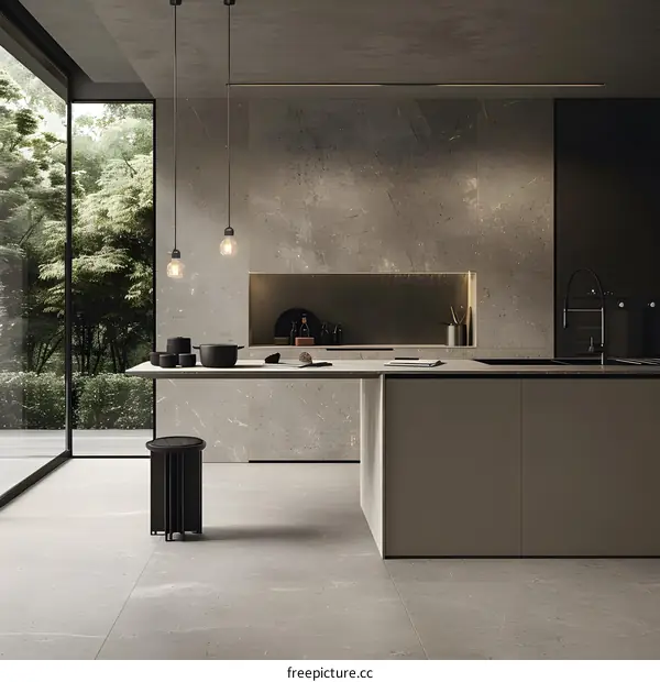 Modern Kitchen Interior Design with Grey Marble and Pendant Lights