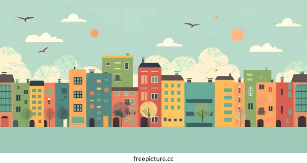 Colorful Cityscape Illustration With Birds