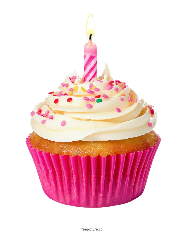 [Transparent Background PNG]Birthday Cupcake with Pink Candle and Sprinkles