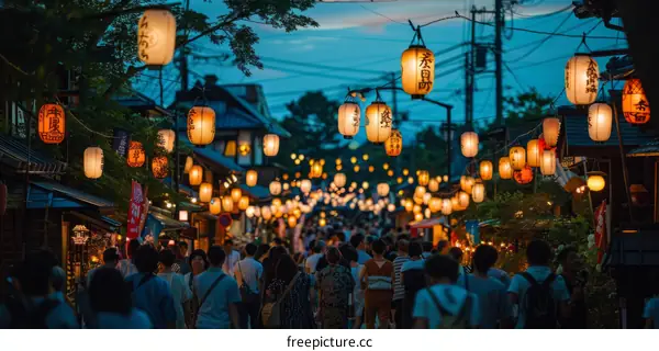 A Lively Night Market in Asia with Many People and Colorful Lanterns