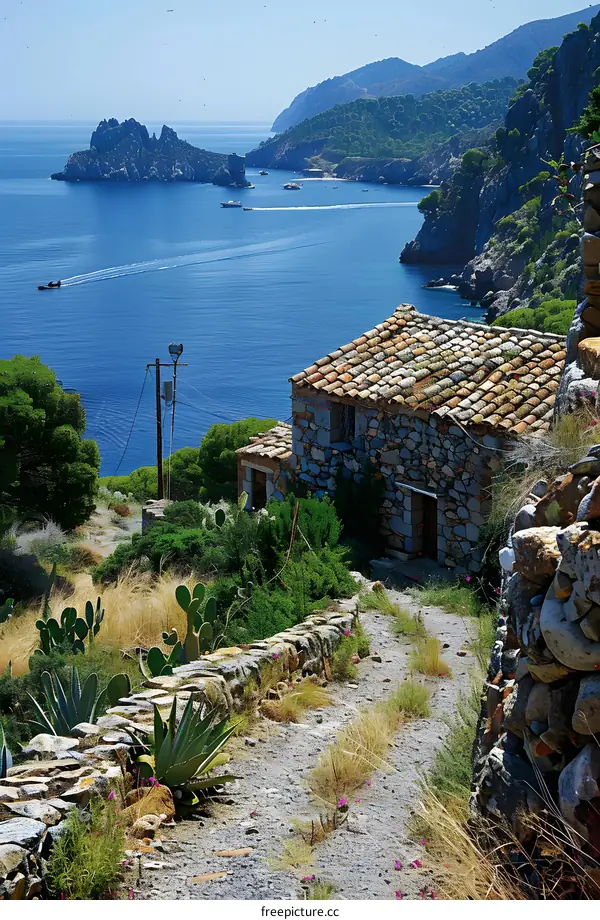 Stone House Overlooking the Sea with a Small Island in the Distance