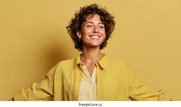 Smiling Woman in a Yellow Outfit Against a Mustard Background