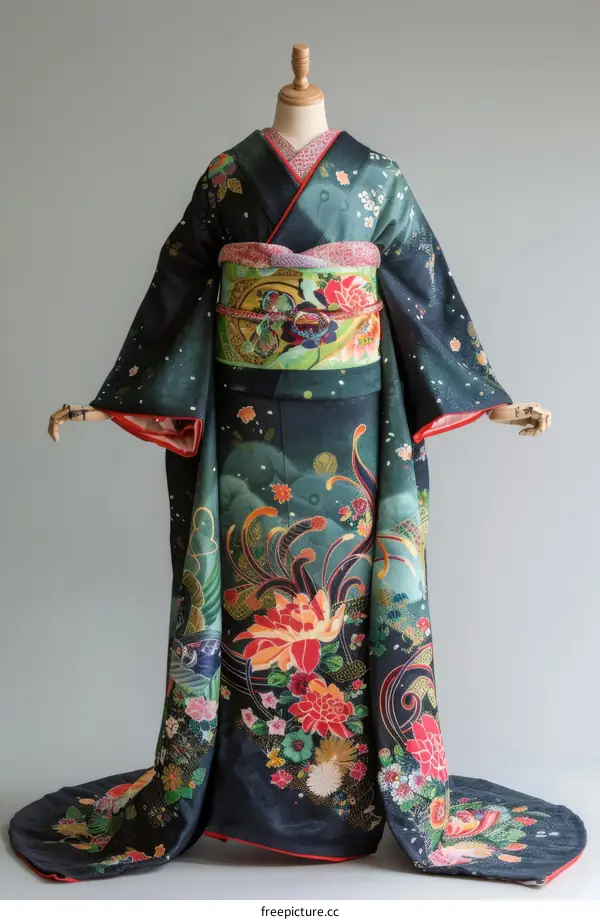 A kimono with a pattern of phoenixes and flowers