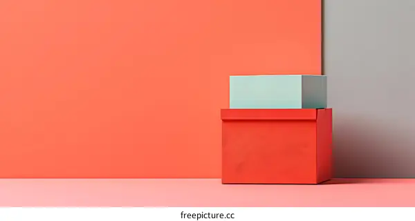 Abstract Minimalist Red and Blue Boxes Against Coral and Grey Background