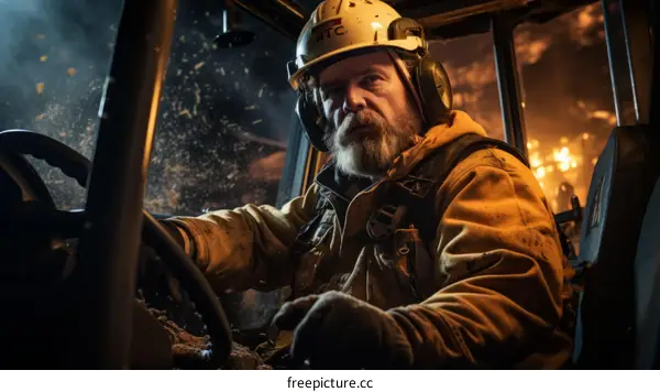 Bearded Man in Hard Hat and Safety Gear Operating Heavy Machinery in Industrial Setting