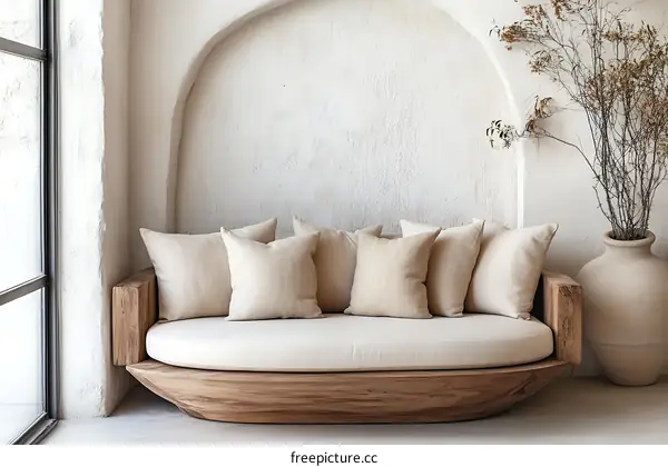 Modern Wooden Sectional Sofa with Beige Cushions