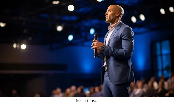 Bald African American man in a suit speaking into a microphone on a stage