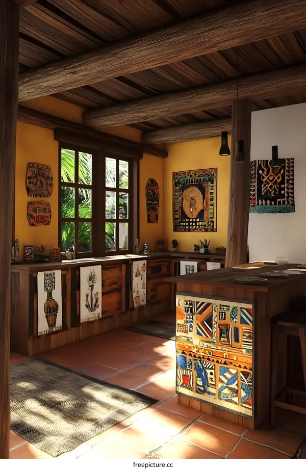 Wooden Kitchen Interior With African Artwork