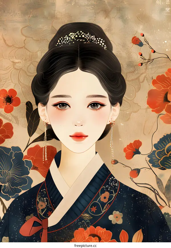 A beautiful illustration of a Korean woman in traditional dress, with red and pink flowers in the background.
