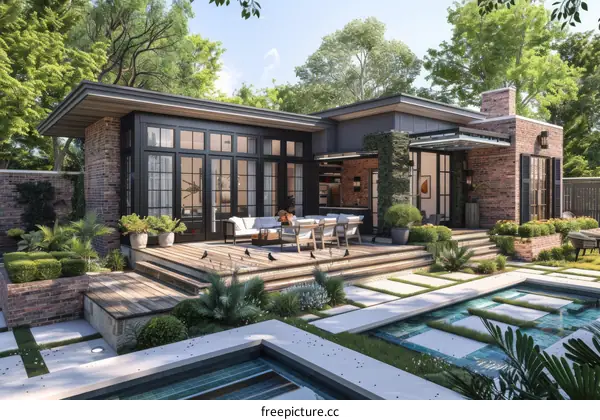 Modern Luxurious Backyard with Pool and Patio Area