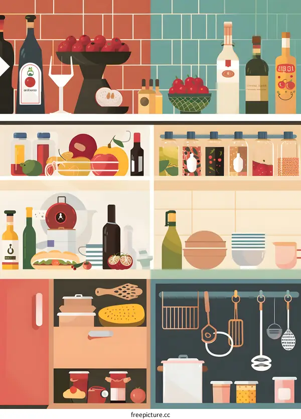 Kitchen Interior Illustration with Various Food Items