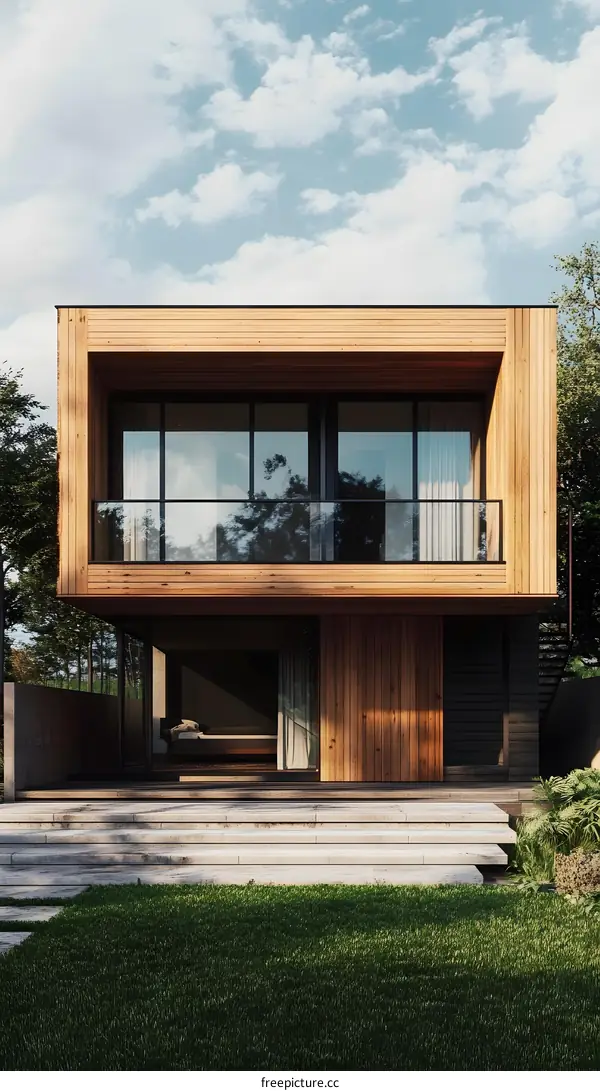 Modern Wooden House with Balcony and Lawn
