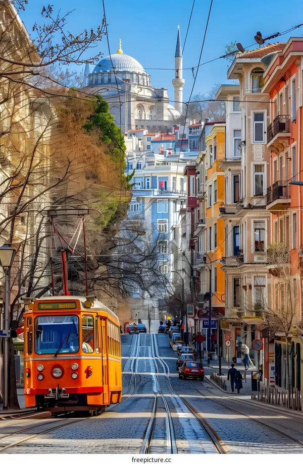 Istanbul Street with Tram, Mosque and Colorful Buildings