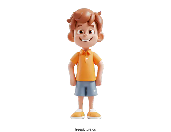 [Transparent Background PNG]Smiling Cartoon Boy in Orange Shirt and Blue Shorts