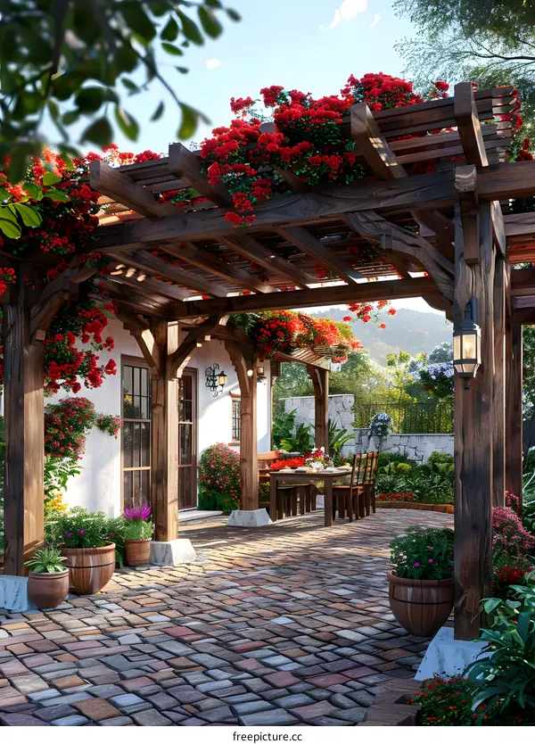 Cozy Patio with Wooden Pergola Covered in Red Flowers