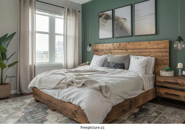 Cozy Bedroom with Green Accent Wall and Wooden Bed Frame