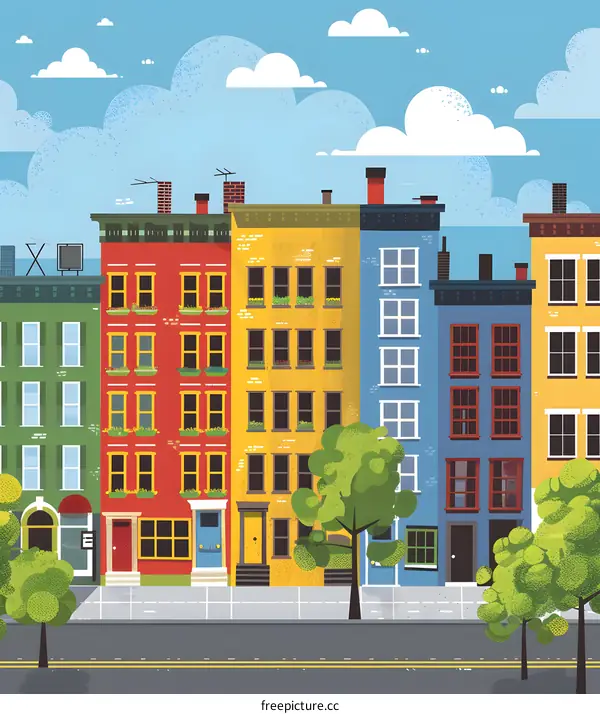 Colorful Townhouses Street View Illustration