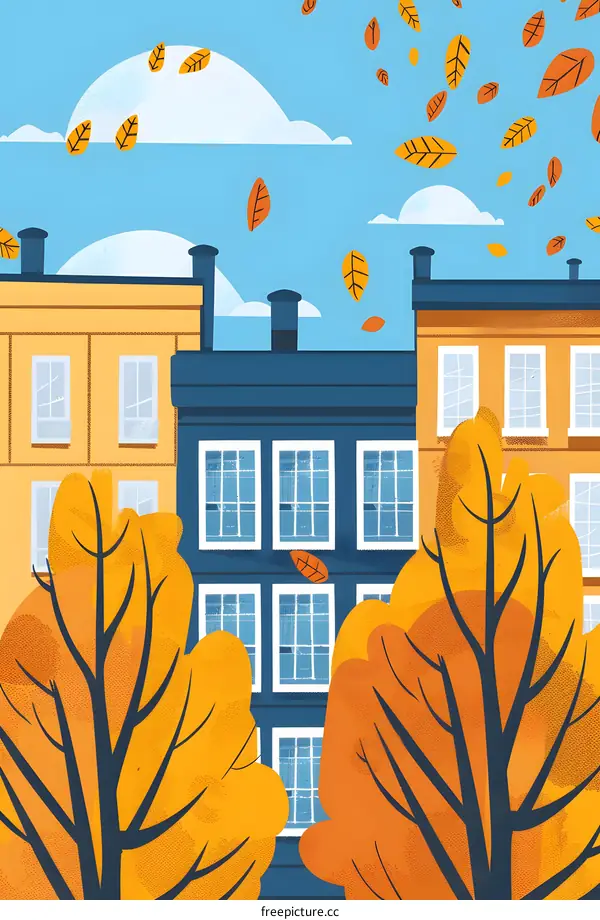 Autumn Leaves Falling On Buildings In City