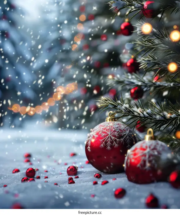 Red Christmas Ornaments in Winter Snowfall