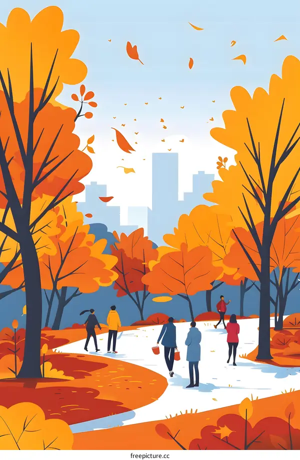 Autumn Illustration of People Walking in a Park With Fall Colors