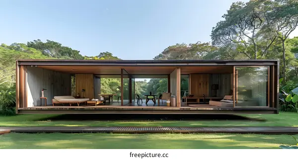 Modern Wooden House With Glass Walls Surrounded by Lush Greenery