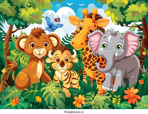 Cute Cartoon Animals Jungle Illustration