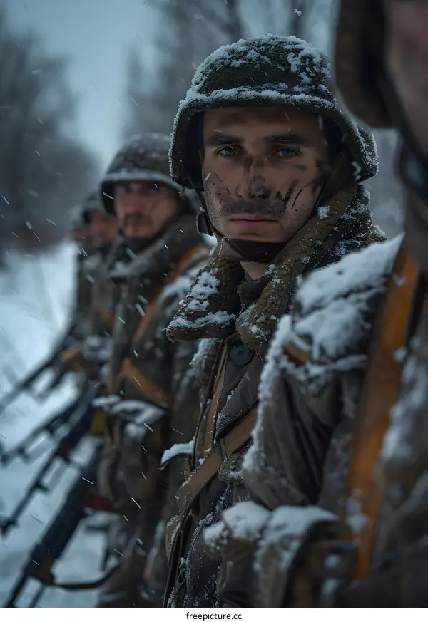 A group of soldiers in winter gear are standing in a snowy forest.