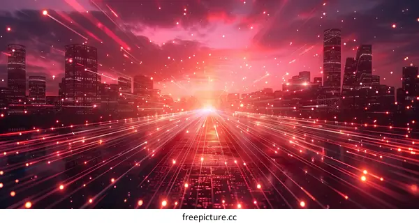 Red Cityscape with Light Streaks