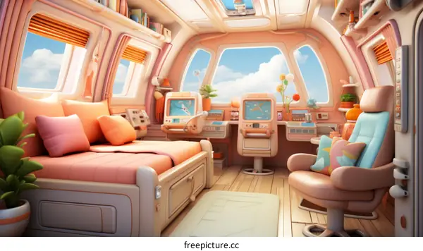 Cozy and futuristic home office interior in pastel pink colors