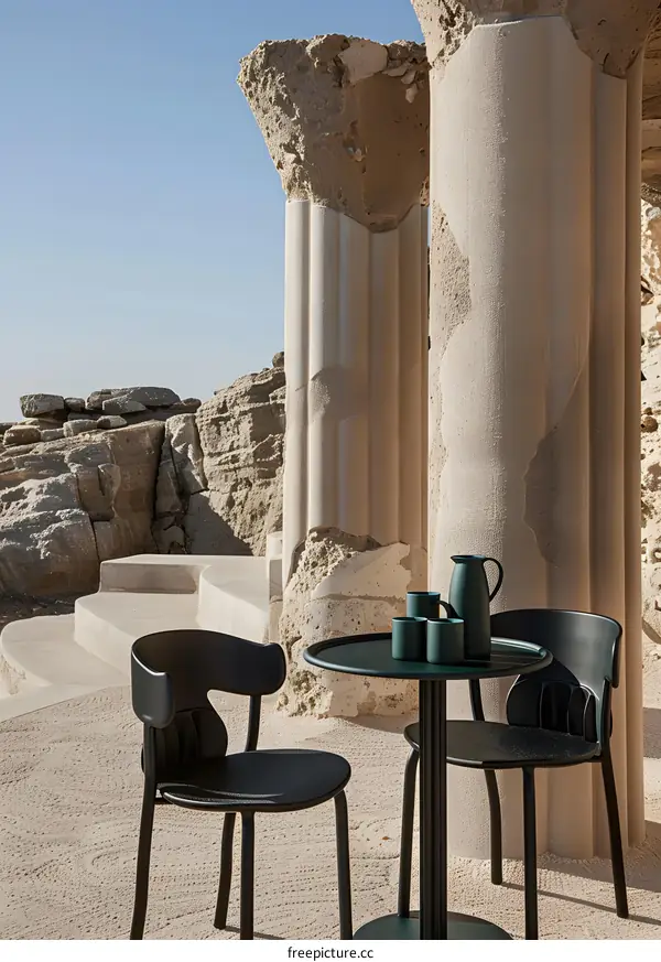 Outdoor Table and Chairs Set with Ancient Ruins Background