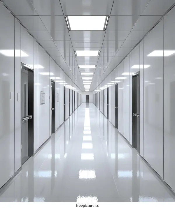 Long White Hallway With Doors