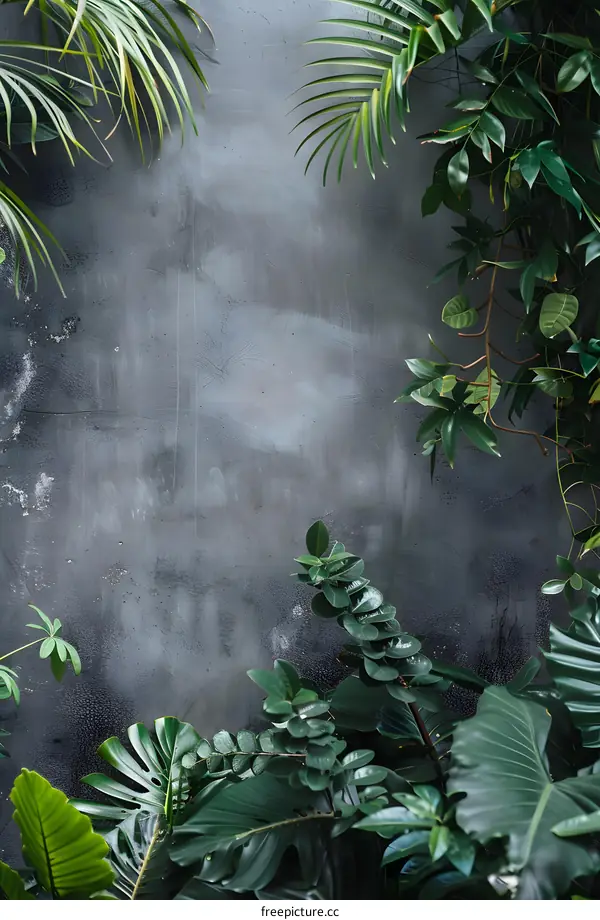 Gray Wall Background with Green Tropical Leaves